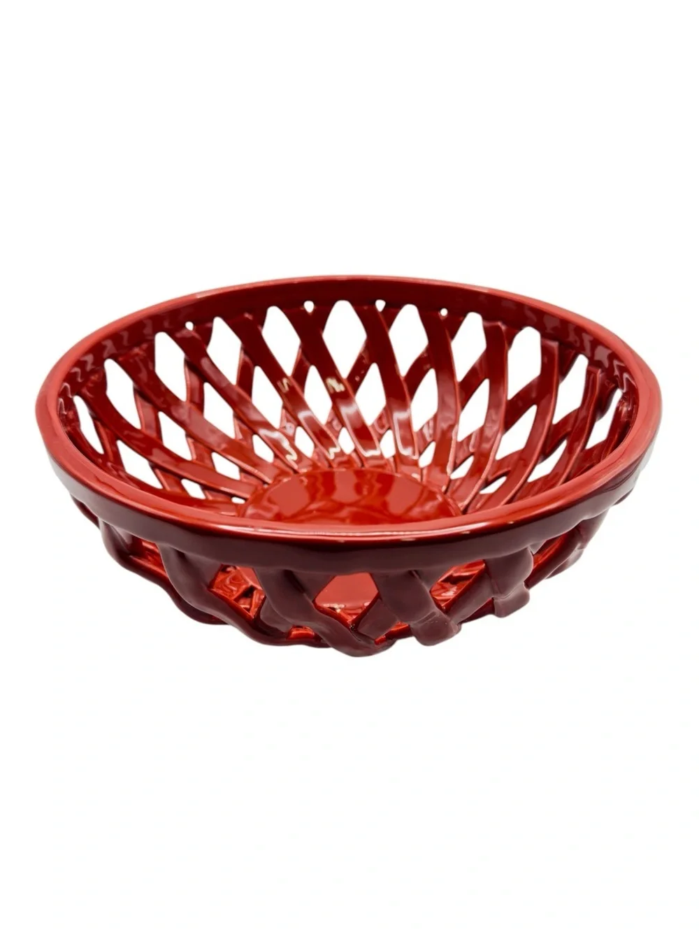 Red Openwork Ceramic Basket Bowl Decorative Fruit Bowl Lattice Centerpiece